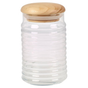 Queensway Home & Dining 1.12L Clear Ribbed Glass Storage Jar with Airtight Stopper Wooden Lid