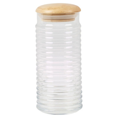 Queensway Home & Dining 1.5L Clear Ribbed Glass Storage Jar with Airtight Stopper Wooden Lid