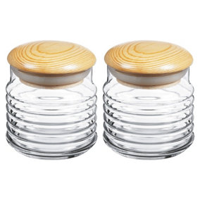 Queensway Home & Dining 2 x 0.63L Clear Ribbed Glass Storage Jar with Airtight Stopper Wooden Lid
