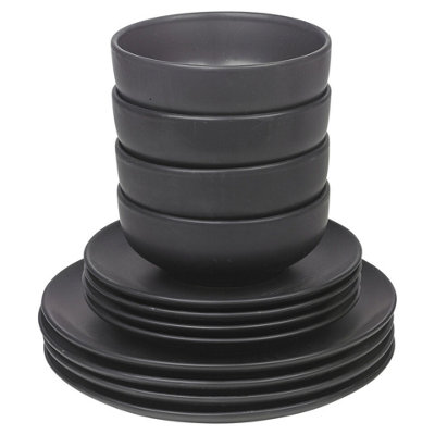 Queensway Home & Dining 26cm Diameter 12 Pcs Black Coloured Stone Ceramic Dinnerware Crockery Plates Bowls Dining Set