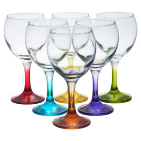 Queensway Home & Dining Height 16cm Set of 6 Stemmed Drinking Glasses Set Coloured Stems Wine Glass Dishwasher Safe