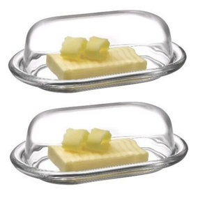 Queensway Home & Dining Height 4.45cm Set of 2 Large Clear Glass Butter Serving Storage Dish Tray Holder with Lid Dishwasher Safe