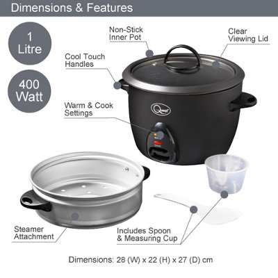 Quest 2-in-1 Rice Cooker & Food Steamer - 1L Capacity (Black)