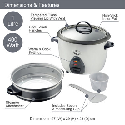 Quest 2-in-1 Rice Cooker & Food Steamer - 1L Capacity (White)