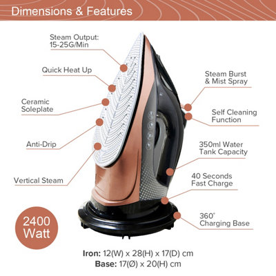 Quest Rechargeable Cordless Steam Iron Ceramic Soleplate Self Cleaning Adjustable Temperature and Steam Output 2400W