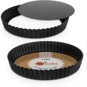 Quiche Dish 22cm Round Flan Dish With Removable Loose Bottom, Black Stainless Steel Tart Tin (2 Pack)