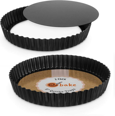 Quiche Dish Non-Stick 22cm Fluted Round Tins with Loose Base Durable Carbon Steel Tart Flan & Pie Dishes Pack of 2