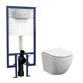Quinn Round Wall Hung Toilet Pan, Soft Close Seat & Concealed Cistern with Round Push Button Plate, 323mm  - Balterley