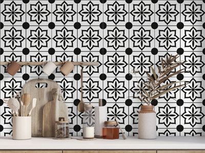 QuoteMyWall Black & White Flowers Tile Stickers Peel & Stick Tile Decals For Kitchen & Bathroom (16 Pack)