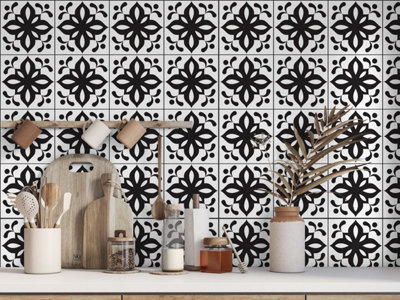 QuoteMyWall Black & White Pattern Tile Stickers Peel & Stick Tile Decals For Kitchen & Bathroom (16 Pack)