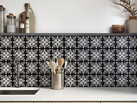 QuoteMyWall Black & White Vintage Floral Tile Stickers Peel & Stick Tile Decals For Kitchen & Bathroom (16 Pack)