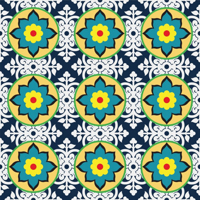 QuoteMyWall Blue & Yellow Floral Tile Stickers Pack Peel & Stick Tile Decals For Kitchen & Bathroom (16 Pack)