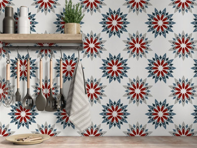QuoteMyWall Red, Grey & Blue Floral Tile Stickers Peel & Stick Tile Decals For Kitchen & Bathroom (16 Pack)