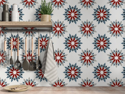 QuoteMyWall Red, Grey & Blue Floral Tile Stickers Peel & Stick Tile ...