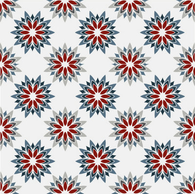 QuoteMyWall Red, Grey & Blue Floral Tile Stickers Peel & Stick Tile Decals For Kitchen & Bathroom (16 Pack)