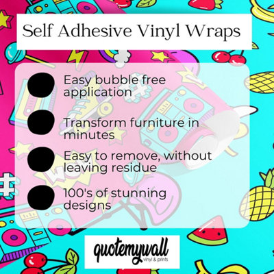QuoteMyWall Removable Self Adhesive Pink Skates & Speakers Retro Furniture Wrap Vinyl Wraps For Furniture & Kitchen Worktops