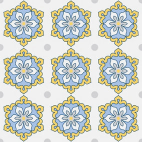 QuoteMyWall Yellow & Blue Vintage Tile Stickers Pack Peel & Stick Tile Decals For Kitchen & Bathroom (16 Pack)