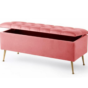 R&M 120cm Ottoman Storage box with Metal Legs -Pink Plush Velvet  Ottoman Bench with Storage