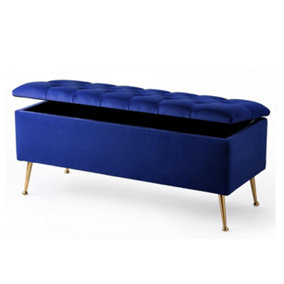 R&M 120cm Ottoman Storage box with Metal Legs -Sapphire Blue Plush Velvet  Ottoman Bench with Storage
