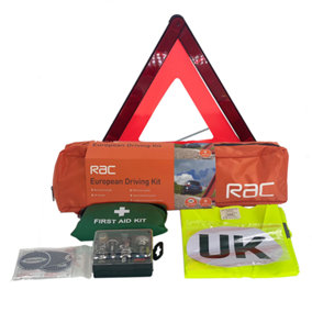 RAC European Driving Kit - Includes First Aid Kid, Hi-Vis Vest, Spare Bulb Kit, UK Car Sign & Warning Triangle