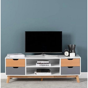 Racking Solutions TV Stand Unit - White & Grey Finish with Beech Effect Scandi Style Legs 480mm H x 400mm D x 1400mm W