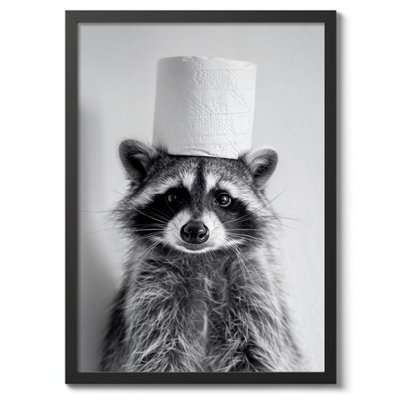 Racoon, Bathroom Wall Art, Funny Poster (A3 Black)