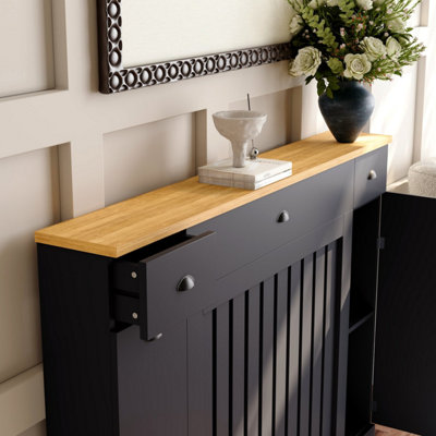 Radiator Cover Black Modern Vertical Slat Storage Drawers Cabinet MDF ...