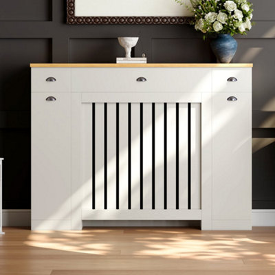 Radiator Cover Cream Modern Vertical Slat Storage Drawers Cabinet MDF ...