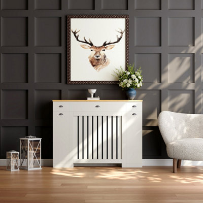 Radiator Cover Modern MDF Wood White Horizontal Slat Living Room Bedroom Hallway Cabinet (LARGE
