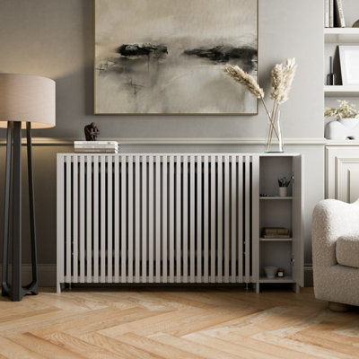 Radiator Cover White Modern Vertical Slat Shelves MDF Storage Cabinet ...