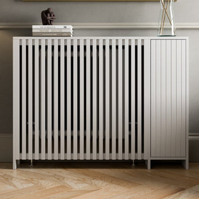 Radiator Cover White Modern Vertical Slat Shelves MDF Storage Cabinet Small