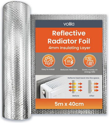 Radiator Foil Roll with Thermal Insulation Bubbles (5M x 40cm) Energy Saver, 4.00m Thick Reflective (Tape & Stick Pads Included)