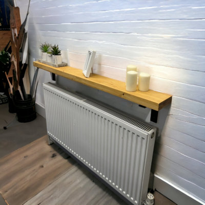 Radiator Shelf 15cm Deep Handmade Solid Board with Steel Brackets (Rustic Pine, 140cm Long)