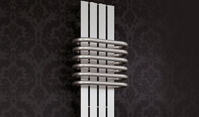 Stainless steel finish vertical radiator with 6 protruding horizontal bars at the top for hanging towels.