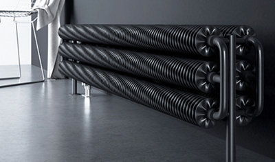 Black radiator comprised of 6 horizontal tubes joined at each end.