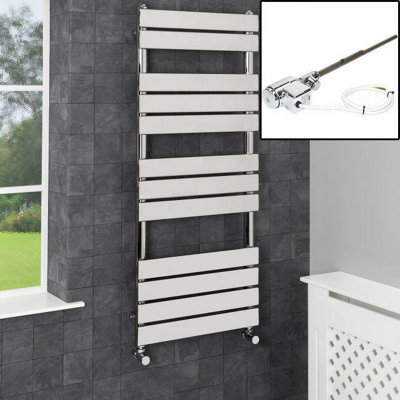 RadiLux 1200 x 500mm Heated Towel Rail Dual Fuel Thermostatic Chrome Flat 12 Rail Wall