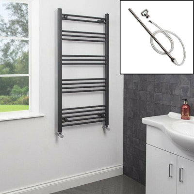 RadiLux 1200 x 600mm Bathroom Heated Towel Rail Dual Fuel Anthracite Flat Manual 17 Rail
