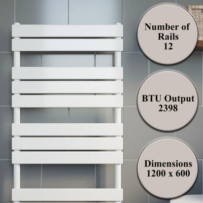 RadiLux 1200x600mm Heated Towel Rail Radiator Bathroom Central Heating Flat Panel White