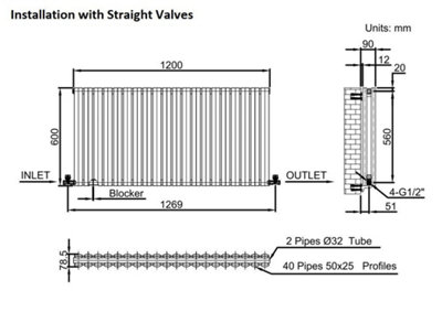 RadiLux Anthracite Designer Radiator Horizontal Oval Column Double Panel Rad 600x1200mm