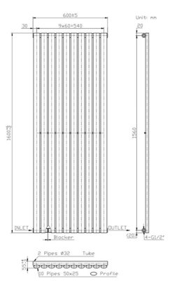 RadiLux Anthracite Designer Radiator Vertical Oval Column Single Panel Rad 1600x600mm