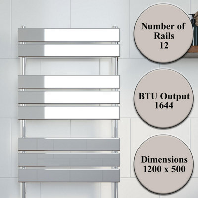 RadiLux Bathroom 1200x500mm Heated Towel Rail Radiator Central Heating Flat Panel Chrome
