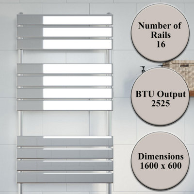 RadiLux Bathroom 1600x600mm Heated Towel Rail Radiator Central Heating Flat Panel Chrome
