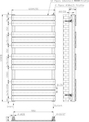 RadiLux Bathroom Dual Fuel Flat Panel Heated Towel Rail 1200x600 Thermostatic Anthracite