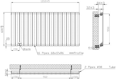 RadiLux Black Designer Radiator Horizontal Flat Single Panel Rad 600x1212mm Steel Modern