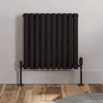 RadiLux Black Designer Radiator Horizontal Oval Double Panel Rad 600x600mm Steel Modern