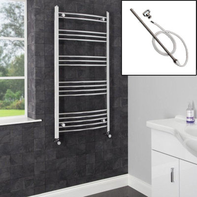 RadiLux Dual Fuel Heated Towel Rail Chrome Designer Curved Manual Electric 1200x600mm