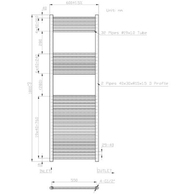RadiLux Heated Towel Rail Anthracite 1800 x 600mm Flat