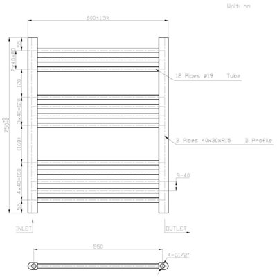 RadiLux Heated Towel Rail Matt Black 750 x 600mm Flat