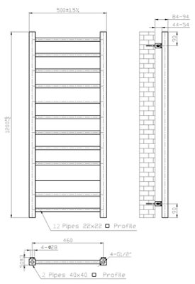 RadiLux Heated Towel Rail Radiator Wall Mounted Square Bar Ladder Chrome 1200 x 500mm