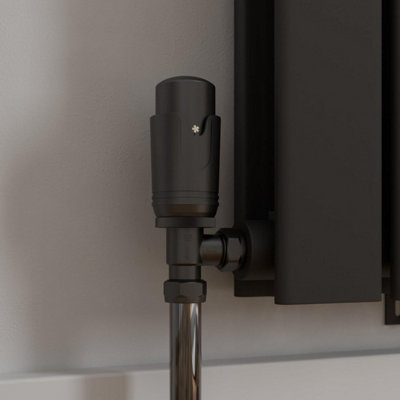 RadiLux Modern Angled Heated Towel Rail Radiator Valves Black Round Thermostatic 15mm